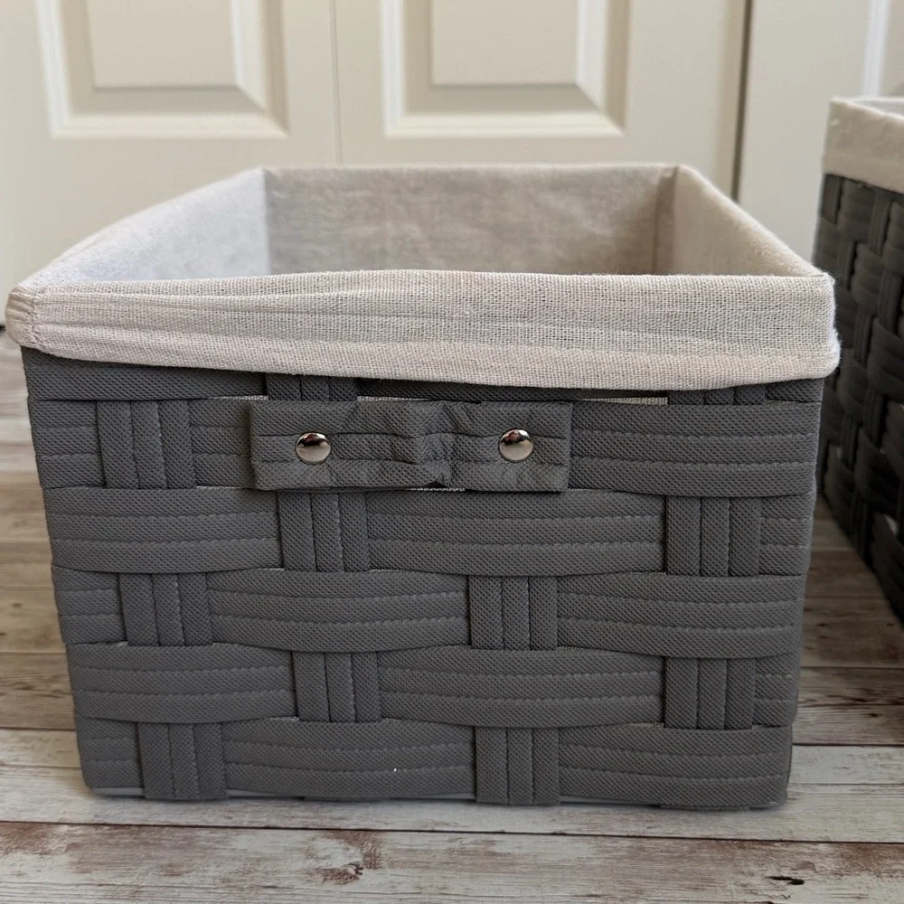 Pair Woven Fabric Baskets with Linen Liner Gray Beige 15